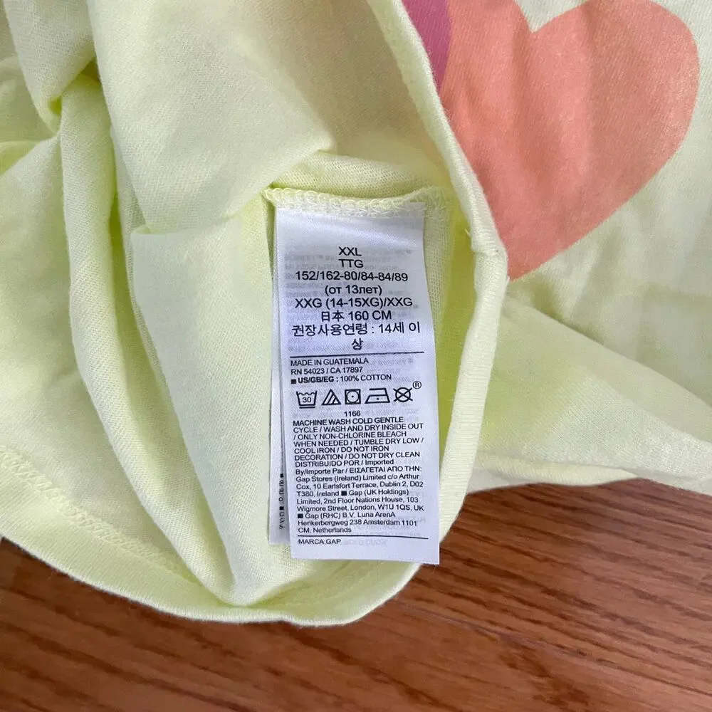 Gap Kids Heart Graphic Crewneck T-Shirt XXL Yellow Casual Basic Summer Tee Cute